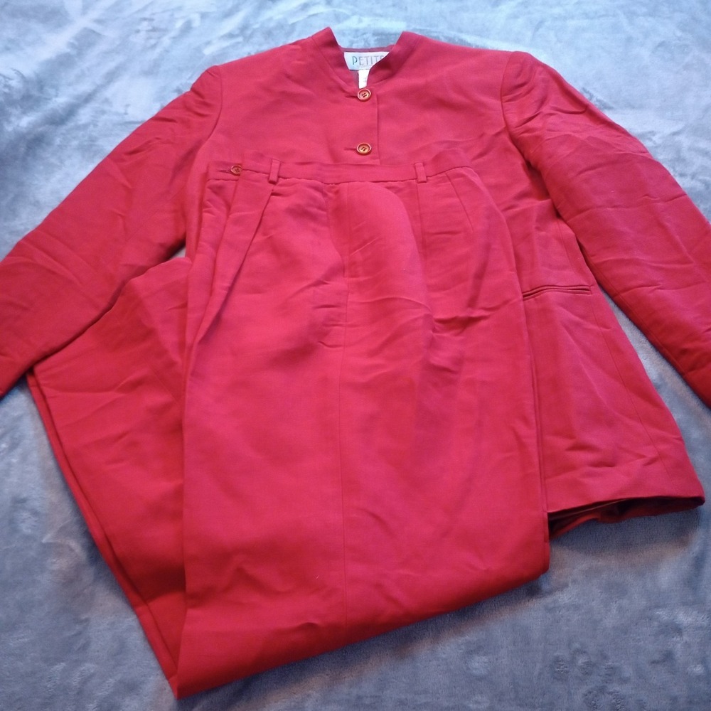 Vintage Petite Sophiscate 2pc Pant Suit Womens 10 Christmas Red‎ Linen Blend